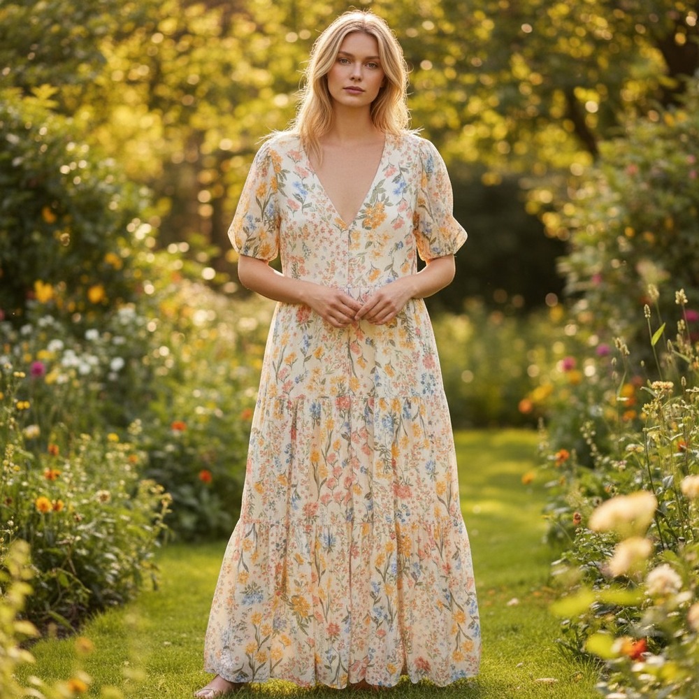 Sugar Lips Maxi Dress Women's L Cream Floral Tiered V-Neck Button Front